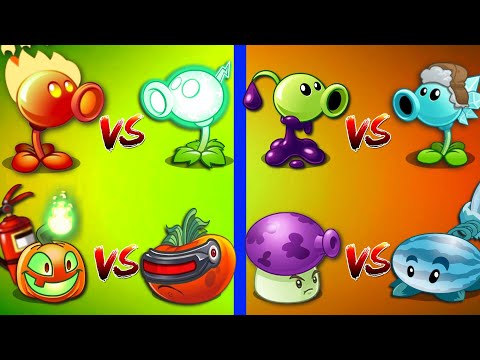 PVZ 2 Compare 4 Pair Plants Battle "FIRE PEA vs ELECTRIC PEA, JACK O LANTERN vs ULTOMATO"...