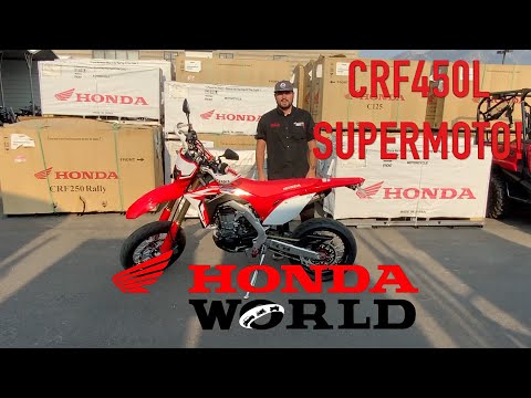 Supermoto Honda CRF450L for sale at Honda World! This bike has Warp 9 Wheels, Yoshimura exhaust, etc