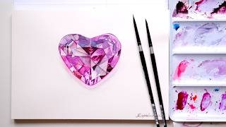 How to Paint Realistic Gemstone in Watercolor: PINK Diamond heart Painting