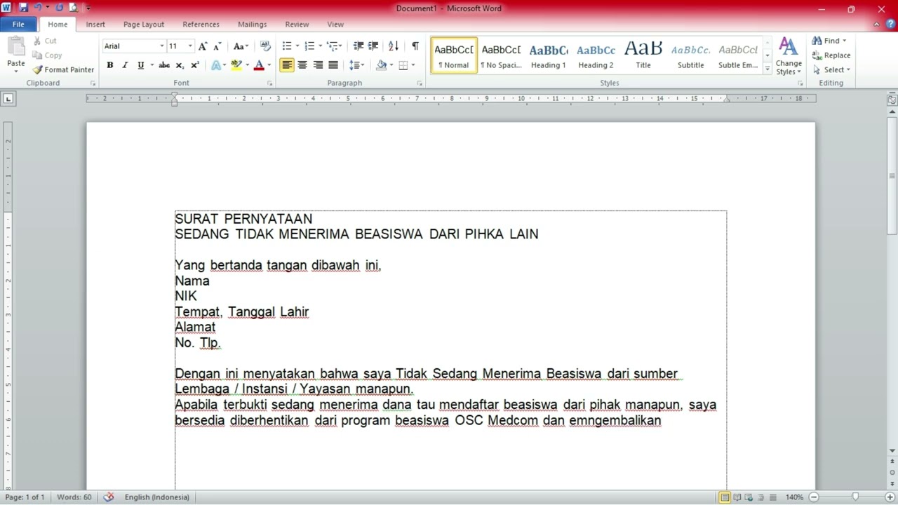 CONTOH SURAT PERNYATAAN TIDAK MENDAPAT BEASISWA DARI PIHAK LAIN, UNTUK BEASISWA OSC MEDCOM