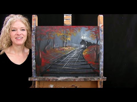 Learn How to Draw and Paint "AUTUMN TRAIN" - Paint and Sip at Home - Easy Acrylic Painting Tutorial