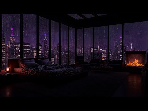 Midnight Rain in the City 🌙 | Calm Piano & Fireplace Ambience for Sleep & Focus