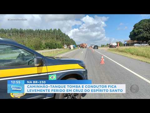 Caminhão-tanque tomba e condutor fica levemente ferido em Cruz do Espírito Santo