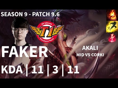 SKT Faker AKALI Mid vs CORKI | Patch 9.6 | LOL KR Rank