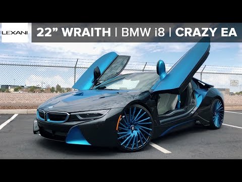 Crazy EA Wraps BMW i8 on 22\" LEXANI Wraith Electric Blue Wheels