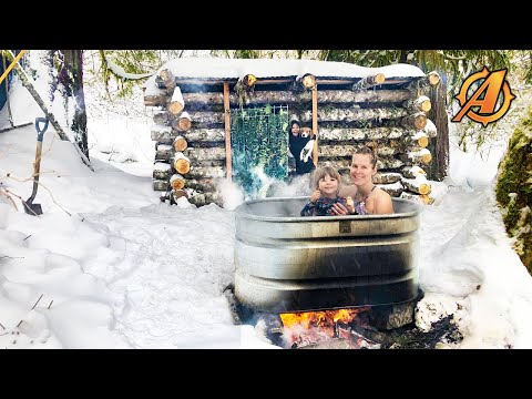 Building Her a Log Cabin Winter Spa by Hand in the Forrest For Valentines Day + Overnight Camping