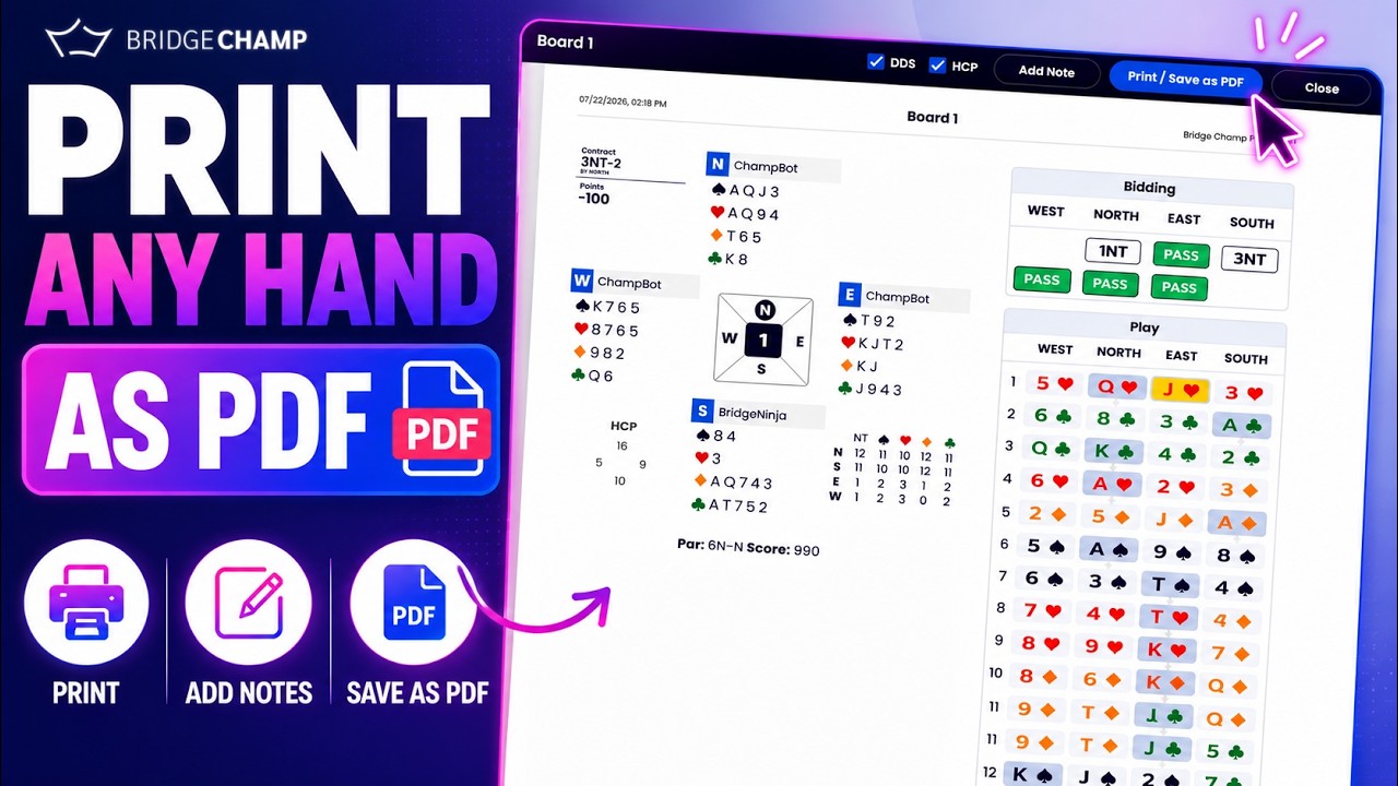 Save Bridge Hands as PDF in Bridge Champ