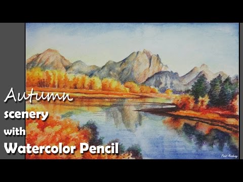 Mountains and Pine Tress Watercolor Pencil Landscape Drawing | steps to follow
