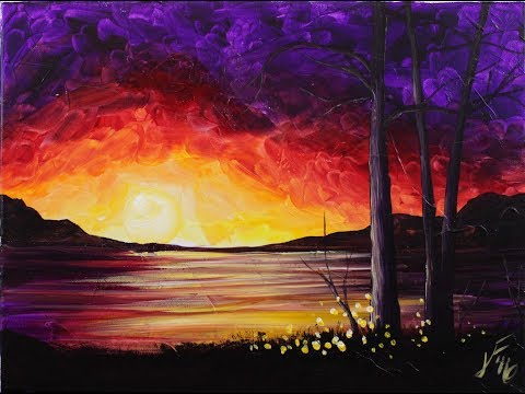 Sunset at the Lake Step by Step Acrylic Painting on Canvas for Beginners