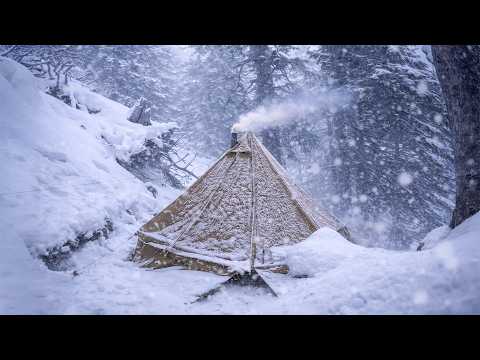 Solo Hot Tent Camping in a Snowstorm | Cozy Winter ASMR