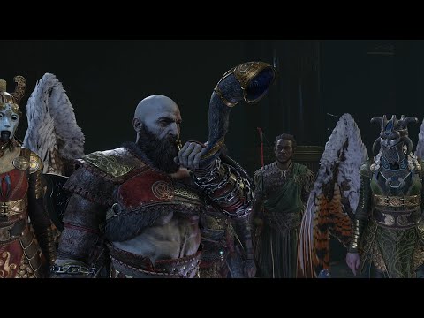 Kratos blows Hemdall's Gjallarhorn and starts the invasion of Asgard - God of War Ragnarok