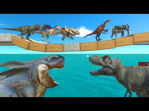 Unstable Bridge Challenge: Who Can Escape From Old Goat T-Rex And Megalodon Rex?
