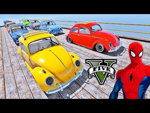 CARROS Fusca com Homem Aranha e Heróis! Carros Clássicos na Mega Rampa - GTA V Mods - IR GAMES