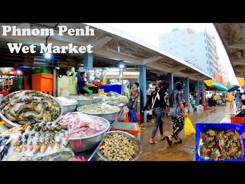 Walk in the heavy rain, Phnom Penh wet market tour, seafood, Cambodia Tour 2021