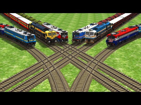 6 TRAINS CROSSING ON DOUBLE CROSS ROAD X & SAME LINE RAILROAD TRACK-Indian Railways-Train Simulator
