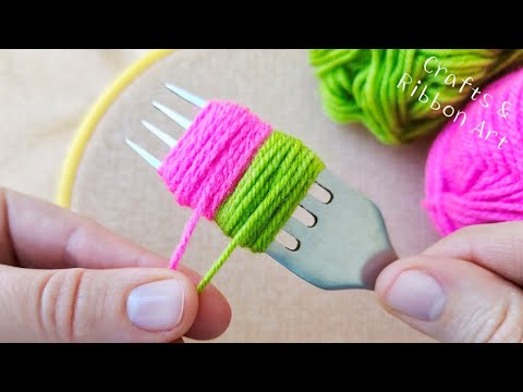 It's so Beautiful !! Superb Woolen Flower Making Trick Using Fork - Hand Embroidery Amazing Flowers