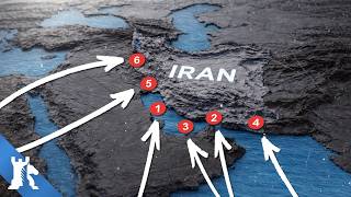 Map showing Iran's southern coastline and the five key strategic locations discussed in the video
