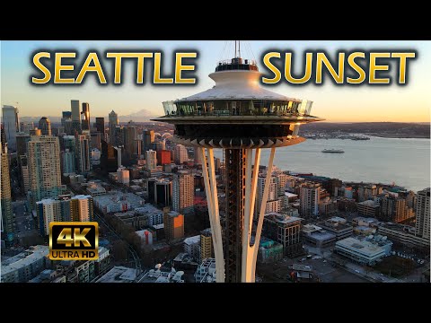 Flying Over Sunset Seattle [4K] Space Needle, Downtown, Waterfront - Drone Video