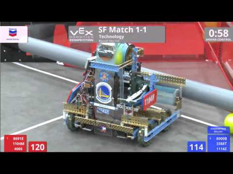 VEX Worlds 2016 - VRC HS Technology - SF 1-1 (8691E 1104M 400S) 302 vs 222 (8000B 3388T 1114Z)