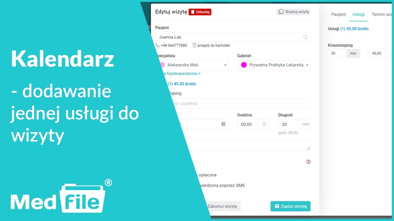 Dodawanie jednej usługi do wizyty