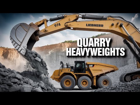 Liebherr 974 Excavator Loading Blasted Rock Onto CAT 775B Dumper At Quarry