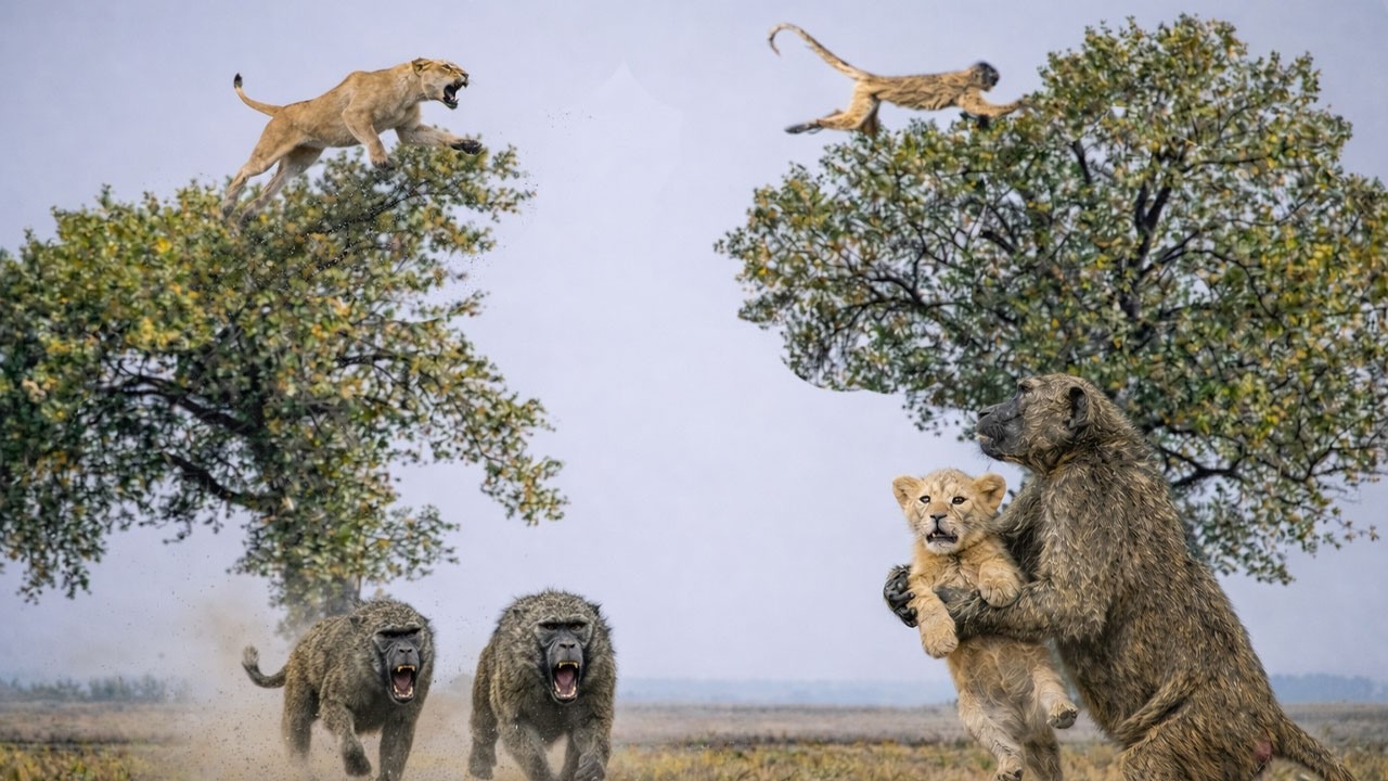 ヒヒが子ライオンを誘拐…母ライオンの大きな過ち！