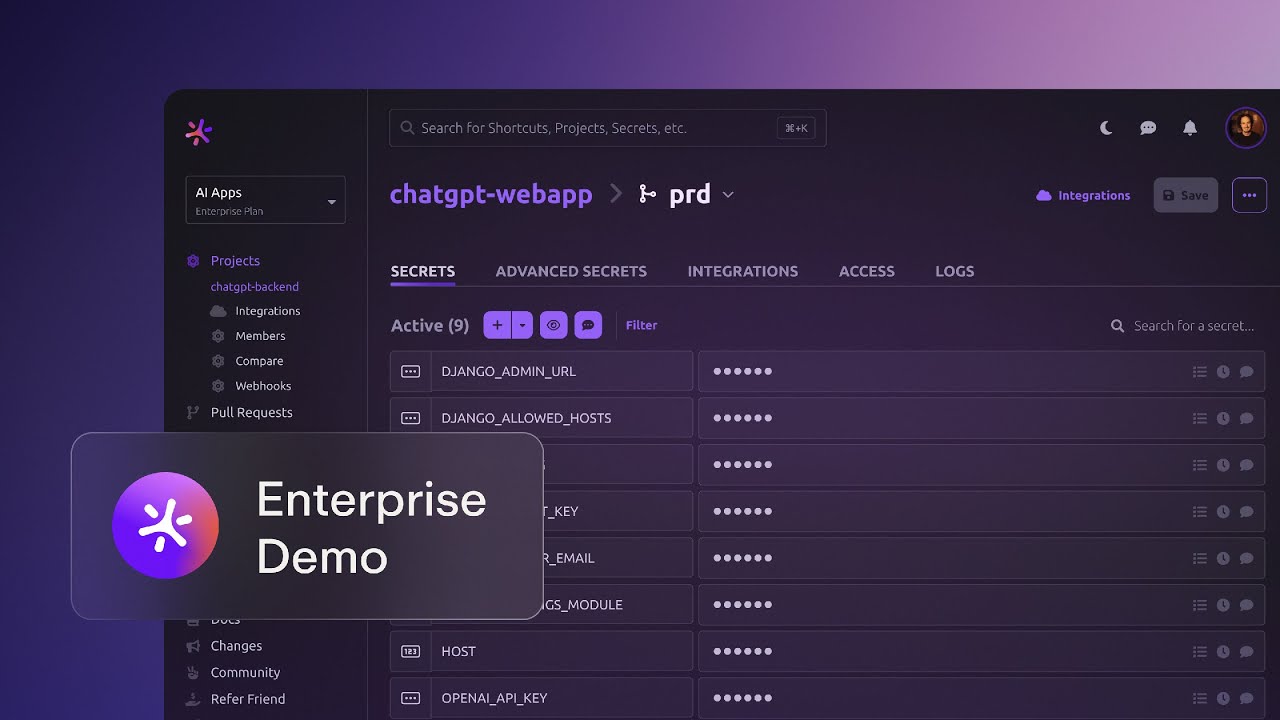 Doppler secrets management demo — dashboard showing project, environment and config secrets