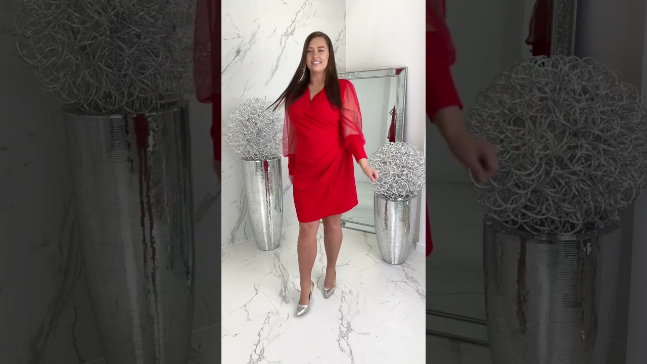 CORIS Czerwona Sukienka Krótka Dopasowana z Rękawami z Siatki XXL Plus Size