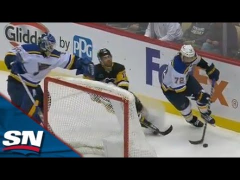 Jordan Binnington Catches Jason Zucker With Glove Behind The Net, Slams Into Boards