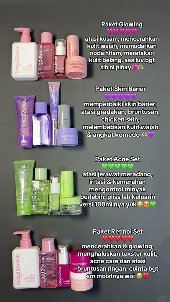 Siapa yang mau kulit glowing? 🌟 Coba deh paket Glad2Glow Skincare, hasilnya bikin wajah cerah dan lembap! 💖