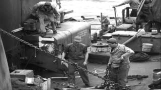 Pontoons launched from LST-760 (Landing Ship Tank) as battleship and landing craf...HD Stock Footage