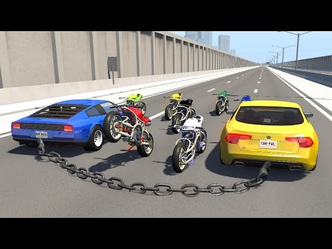 Beamng drive - Chained Cars Crashing riding Motorbikes