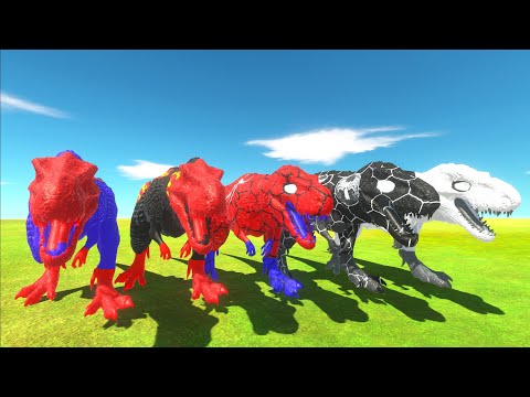 5 T-REX SUPERHEROES SPEED RACE TO EAT A PIG - Animal Revolt Battle Simulator