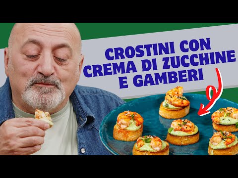 Crostini with cream of courgettes and prawns