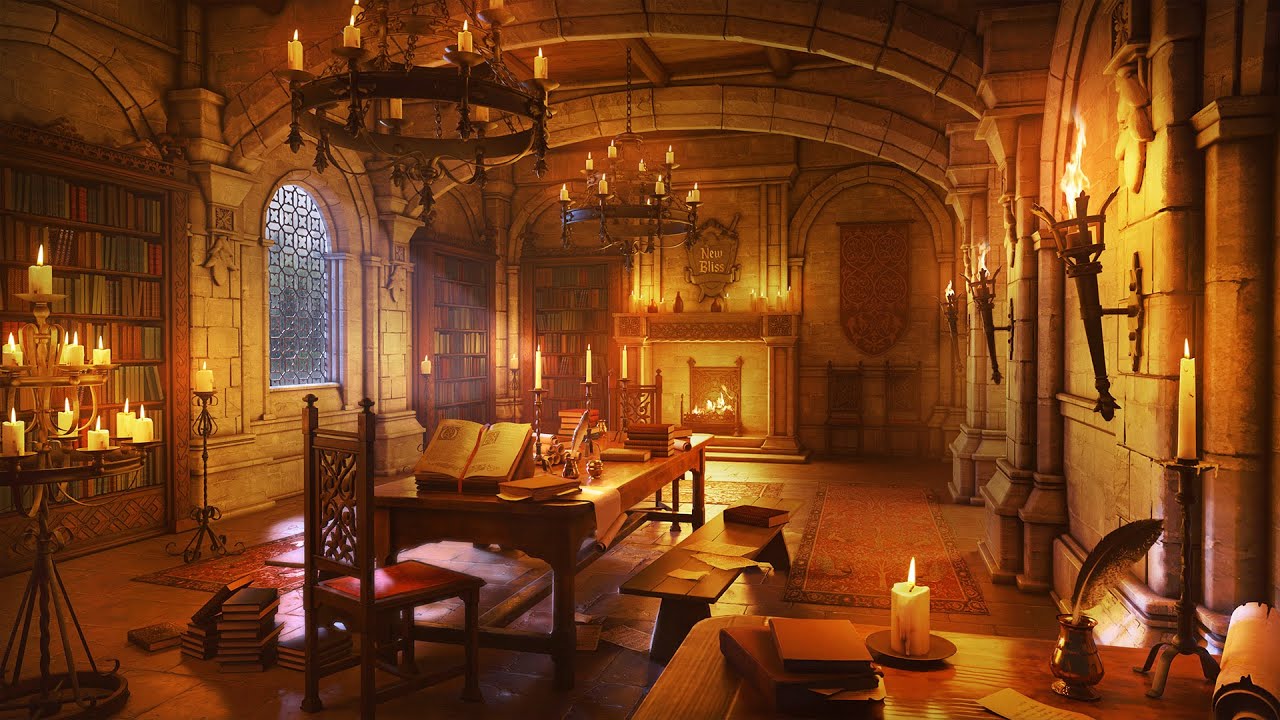 Castle Library Sounds | Rain & Thunderstorm with Crackling Fireplace for Study, Sleep, Relax