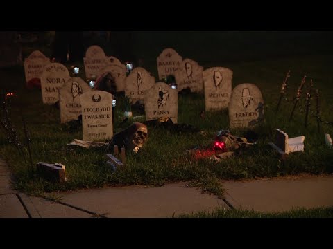 Omaha yard haunt features graveyard with tombstones bearing names of iconic... - YouTube