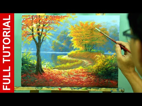 Acrylic PAINTING TUTORIAL on How to Paint Autumn Morning in Lake