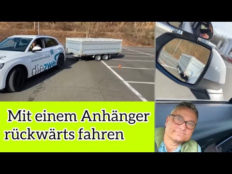 2 Teil Anhängerführerschein Rückwärtsfahren mit einem Anhänger aus drei Ansichten.