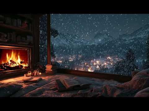 Cozy Cabin Ambience & Snow Mountain View | Fireplace & Snowfall Sounds for Deep Rest & Inner Balance