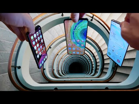Dropping iPhone 11 Pro vs Note 10 vs Huawei Mate 30 Down Spiral Staircase Deep Hole - What Happens?