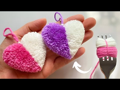 Super Easy Pom Pom Heart Making with Fork - Amazing Craft Ideas with Wool -How to Make Yarn Heart