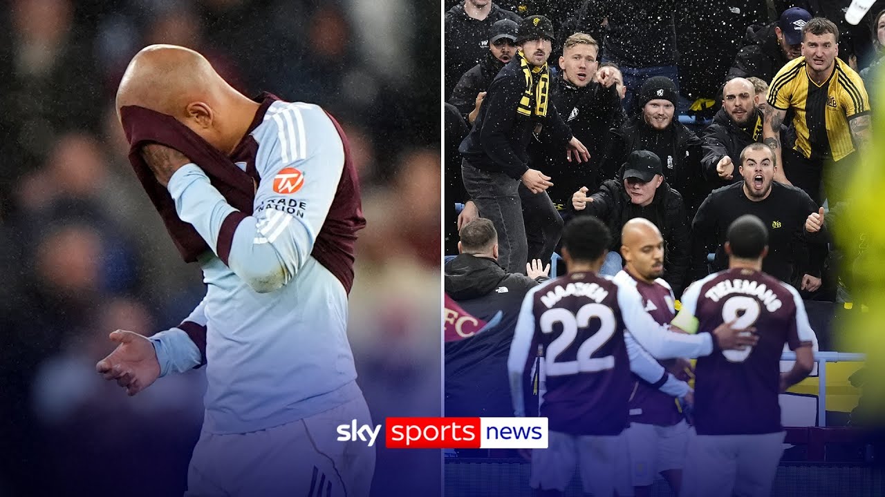 Away fans throw objects at Aston Villa's Donyell Malen during Europa League tie