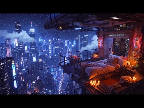 🎵 Zylos Loft: Cozy Winter Hideout above the Neon City | Snow and Ambient Music | 4K | 10 hrs