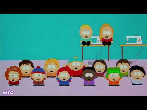 Theatrical trailer still for South Park: Bigger, Longer & Uncut showing the boys against a fiery backdrop with Satan looming