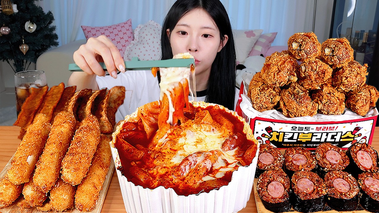 ASMR MUKBANG| 엽기 떡볶이 후라이드 치킨 소세지 김밥 치즈스틱 먹방 & 레시피 FRIED CHICKEN AND Tteokbokki EATING