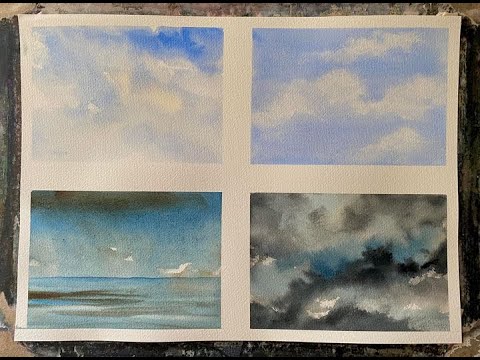 Paint 4 Different Watercolour Skies, Simple Landscape Watercolor Sky Storm Practice Demo Tutorial,