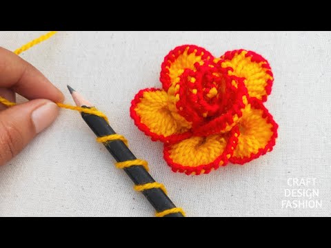 Super Easy Woolen Rose Making Ideas With Pencil - Hand Embroidery Amazing Trick - DIY Woolen Flowers