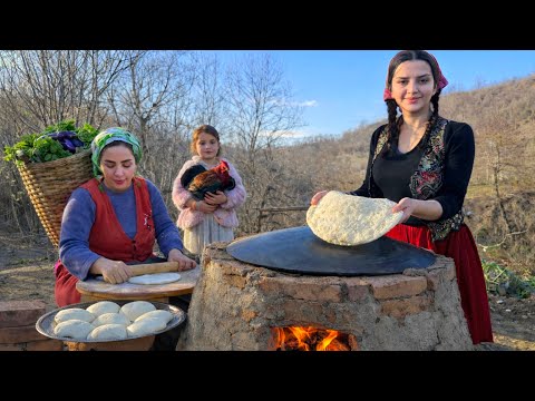IRAN village life; Baking bread on fire
