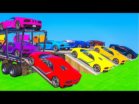Flatbed Trailer Super Cars Transportation on Trucks | Color Cars on Truck vs Speedbumps | GTA 5