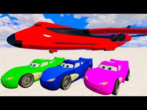 McQueen Cars in COLOR - Transportation on Big Plane with Superhero - Cartoon For Kids